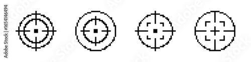 Aim pixel icons set. Focus target symbol collection. Pixel art.