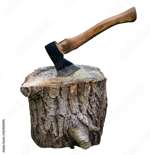 A metal axe stuck in a wooden stump, isolated on white background. Perfect for themes like lumberjack, woodworking, firewood, forestry, camping, survival tools, and manual labor.