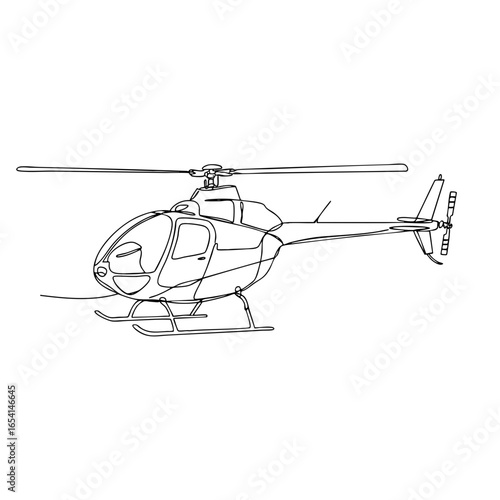 Vector line art drawing of a helicopter in continuous minimalist style, detailed outline of aircraft with rotor blades and cockpit