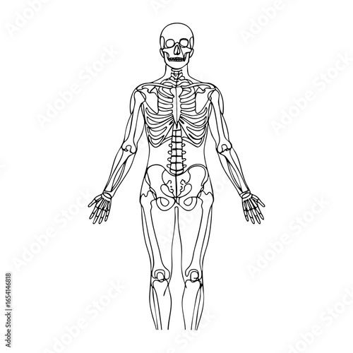 Vector line art of full human skeleton frontal view with detailed bones structure, medical anatomical illustration