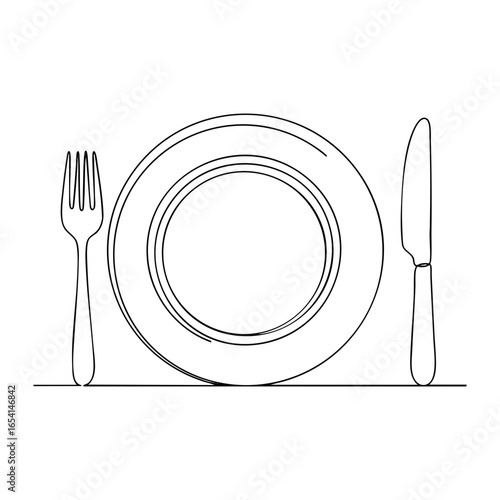 Vector line art of dinner plate with fork and knife on table setting, minimal black and white dining illustration