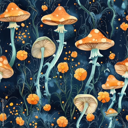 Abstract watercolor seamless pattern mushrooms topped with coral caps, surrounded by swirling orange vines and bursts of mustard yellow marigolds, grounded on deep navy background