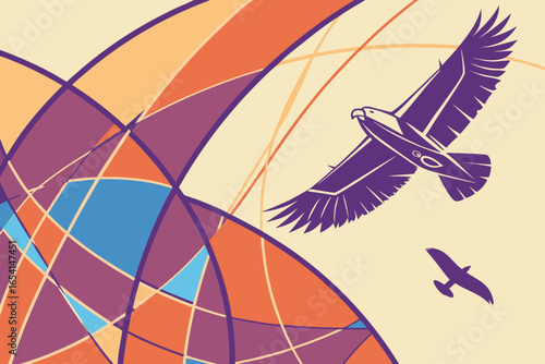 Stylized illustration of flying eagles with geometric shapes in orange blue and purple tones