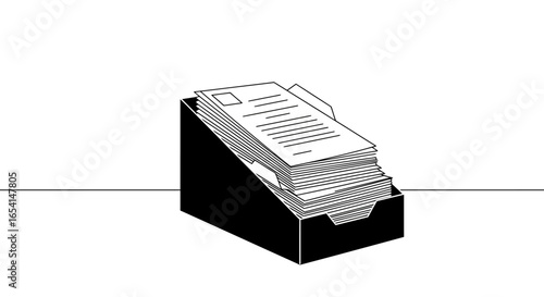 A black document holder overflows with neatly stacked papers with a tab sticking out