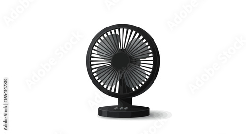 A black desk fan with a circular guard and base sits on a white surface
