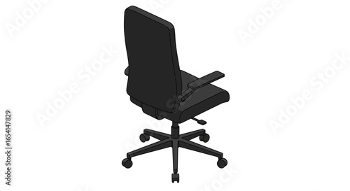 A black office chair with armrests and a fivecaster base against a white background