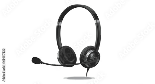 A black headset with microphone features silver accents and a shadow below