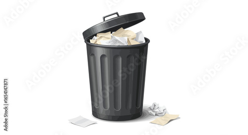 A black partially open trash can overflowing with crumpled paper sits against a white background with loose paper scraps nearby