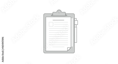 A clipboard holding a document complete with a pen set against a plain white background