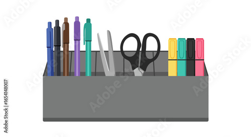 A gray organizer is filled with pens scissors stapler and highlighters