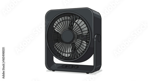 A gray square fan with a circular vent and a threebutton base stands on a white surface