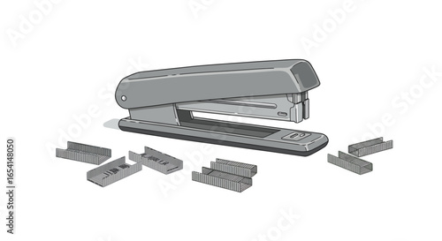 A gray stapler surrounded by boxes of staples on a white surface