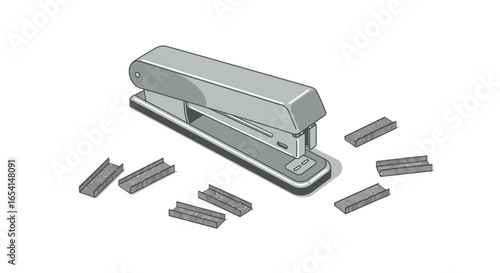 A gray stapler is pictured with packs of staples scattered around it against a white background