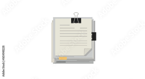 A stack of papers held together with binder clips featuring text and a yellow bookmark