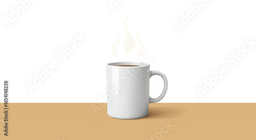 A steaming mug of coffee rests on a wooden surface smoke rising