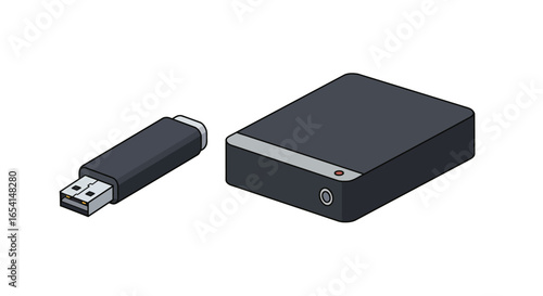 A USB flash drive and external hard drive sit next to each other on a white background