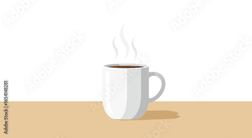 A white mug of dark coffee rests on a tan surface emitting faint vapor