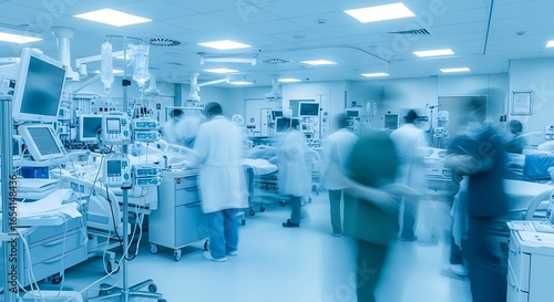 Blurred motion of medical professionals working efficiently in a critical care hospital ward.

