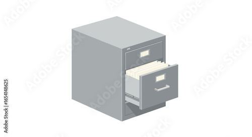 Gray filing cabinet with one open drawer displaying white file folders