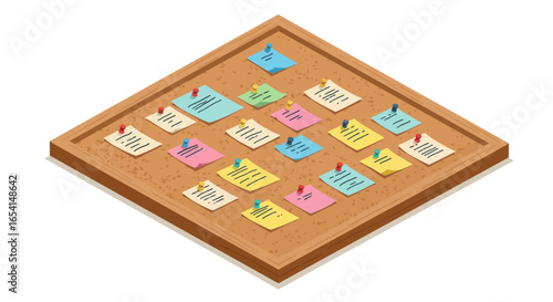 Corkboard w multicolored notes each secured w a push pin Isometric view