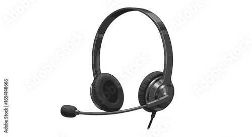 Gray headset with microphone with cable visible over white background