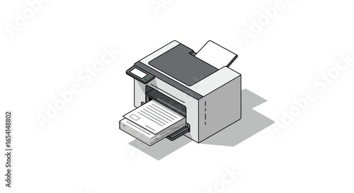 Isometric printer with printed documents and input paper tray on white background