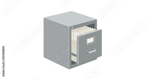 Isometric view of gray file cabinet with drawer partially open and filled with manila folders