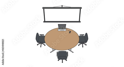 Meeting room features a round table with chairs laptop phone and a projector screen