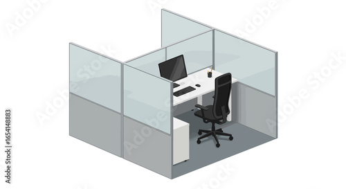 Office cubicle with desk computer chair pen holder  file cabinet enclosed by gray  translucent partitions