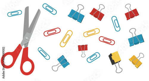 Scissors beside scattered paperclips and binder clips in various colors