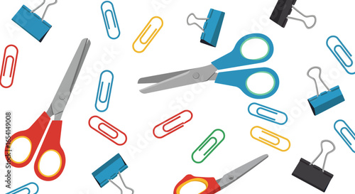 Scattered scissors binder clips and paper clips create a chaotic but organized stationery pattern on a white background