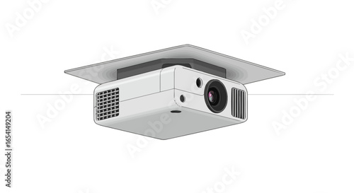 White projector suspended from ceiling mount featuring lens ventilation grills and minimalist design