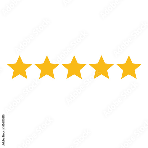 Five Golden Stars Rating on White Background Symbolizing Excellent Quality Service or Performance in Business and Customer Satisfaction Metrics
