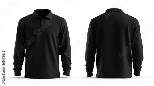 High definition photo of black long sleeve polo shirt mockup isolated on white background.