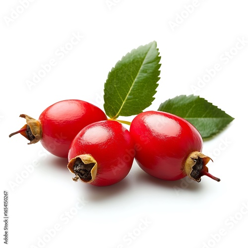 Three Red Rose Hips with Green Leaves fruit berry