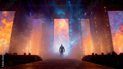 Stage performer standing on illuminated runway