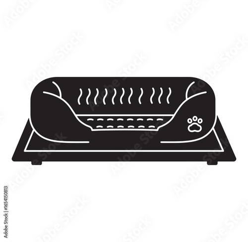 Simple black and white illustration of a comfortable pet bed with paw print detailing