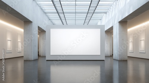 High definition photo of blank white wall mockup in sunny modern empty gallery, 3d rendering. Clear big stand mock up in museum with contemporary art exhibitions. Large hall interior.
