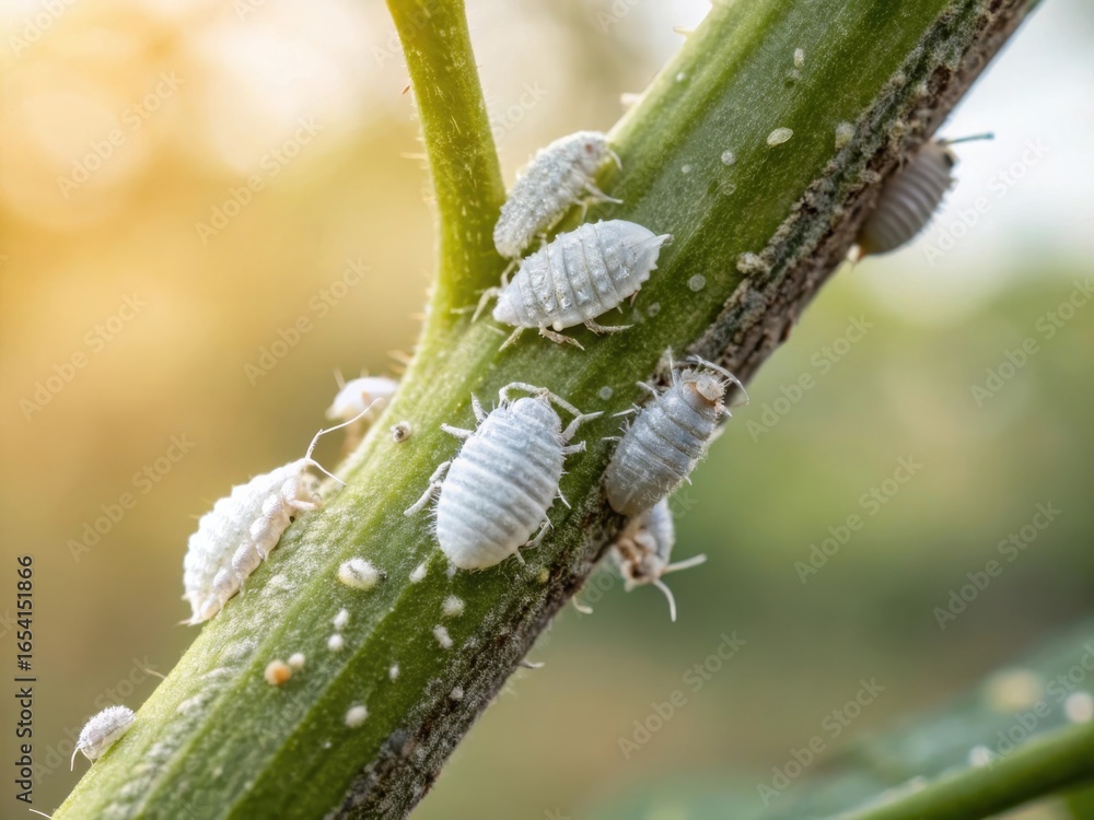 Naklejka premium Tiny white insects clinging to green plant stem pest infestation