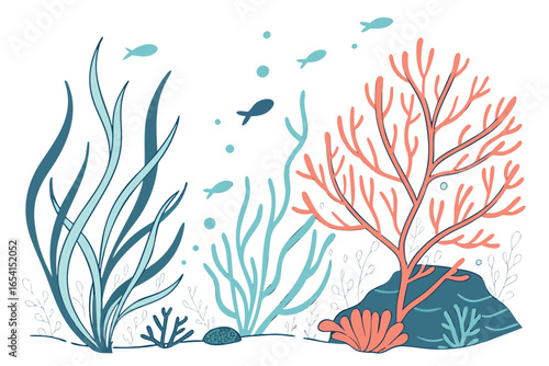 Vector art of underwater scene with seaweed, coral, and fish isolated on white background