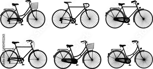 Vector silhouette set of six different bicycle styles for urban, recreational, vintage, and modern cycling design on white background