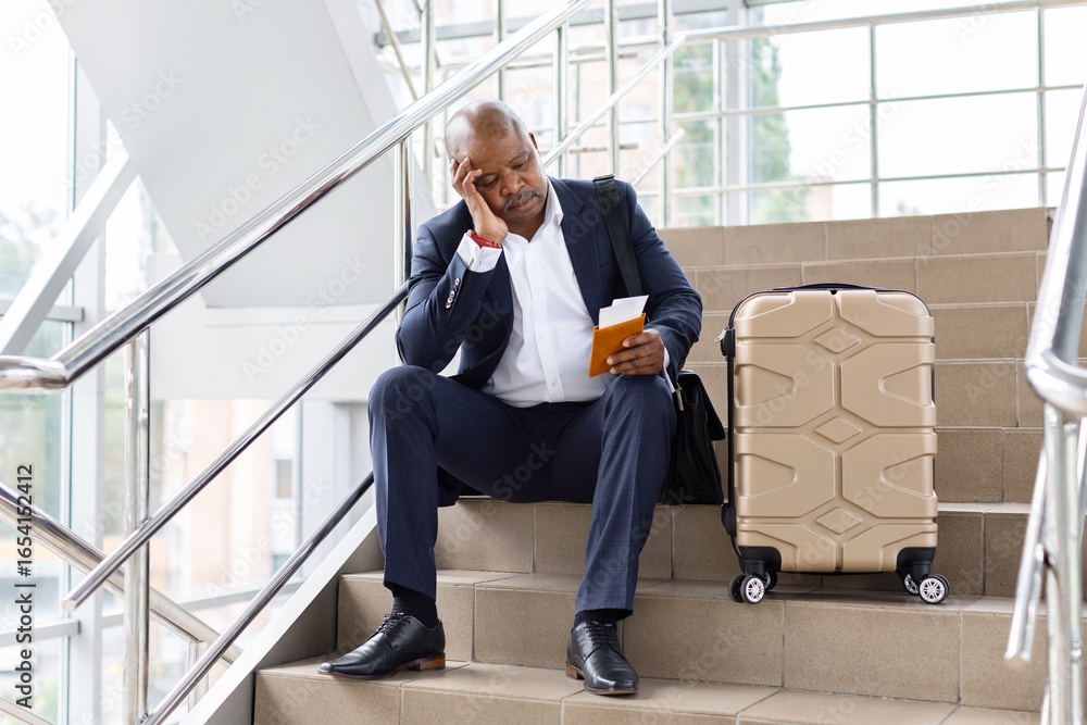 Fototapeta premium Tired black businessman sitting on stairs with suitcase and passport, stressed while waiting at airport. Concept of delay, fatigue, global travel and corporate stress
