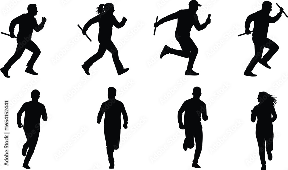 Naklejka premium Vector silhouette set of relay race runners with batons in dynamic poses for sports, fitness, competition, and athletic design content