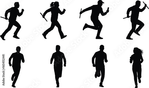 Vector silhouette set of relay race runners with batons in dynamic poses for sports, fitness, competition, and athletic design content