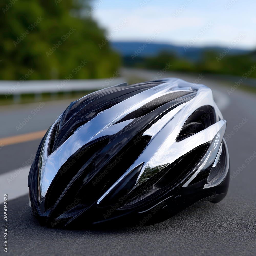 Fototapeta premium Close-Up of Modern Cyclist Helmet Reflecting Roadside Scenery