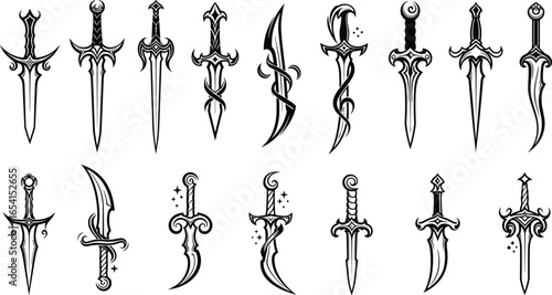Vector silhouette set of fantasy swords and daggers with ornate blades for gaming, tattoo, medieval, and weapon-themed illustration design content