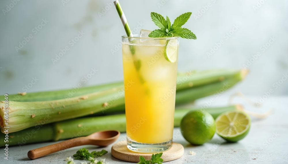 Fototapeta premium Refreshing sugarcane juice with ice, lime, mint served in tall glass. Fresh tropical beverage offers natural sweetness, perfect for summer refreshment, healthy lifestyle. Contains organic, vegan