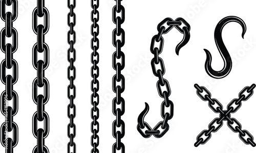 Various chain and hook silhouettes in industrial and decorative styles, black metal link vector set for construction, design, and security projects