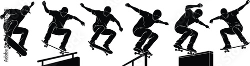 Skateboarding silhouette sequence of tricks with rails and platforms, dynamic skateboarder performing stunts, jumps, ollies, extreme sport vector illustration design