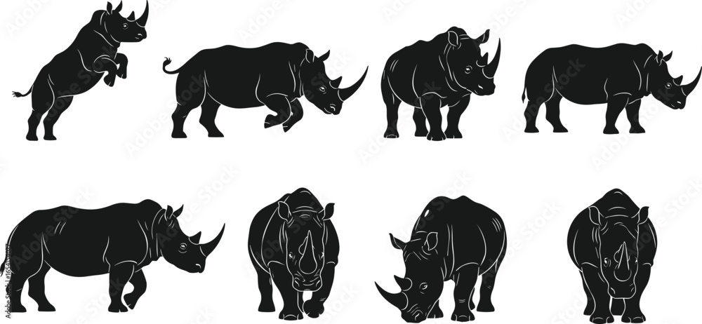 Obraz premium Rhinoceros wildlife silhouettes collection featuring standing walking grazing charging poses, horned animal vector illustration set for nature conservation design projects